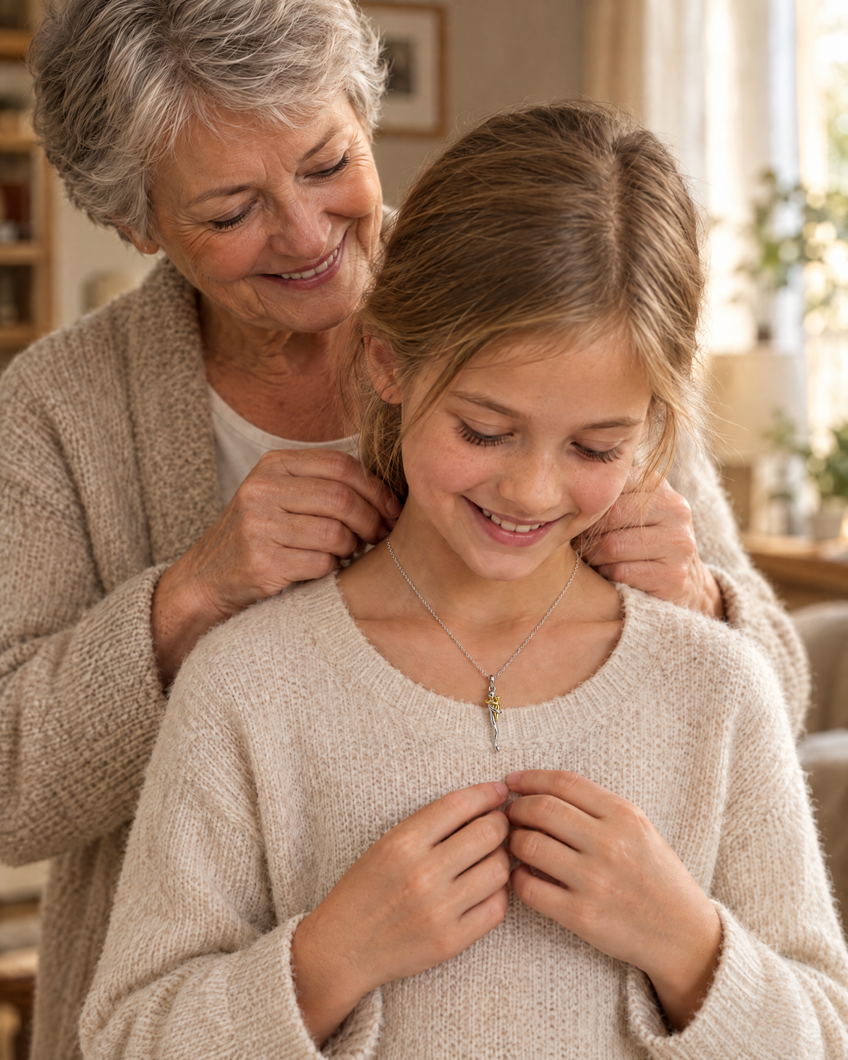 Oma doet haar kleindochter de knuffelketting om